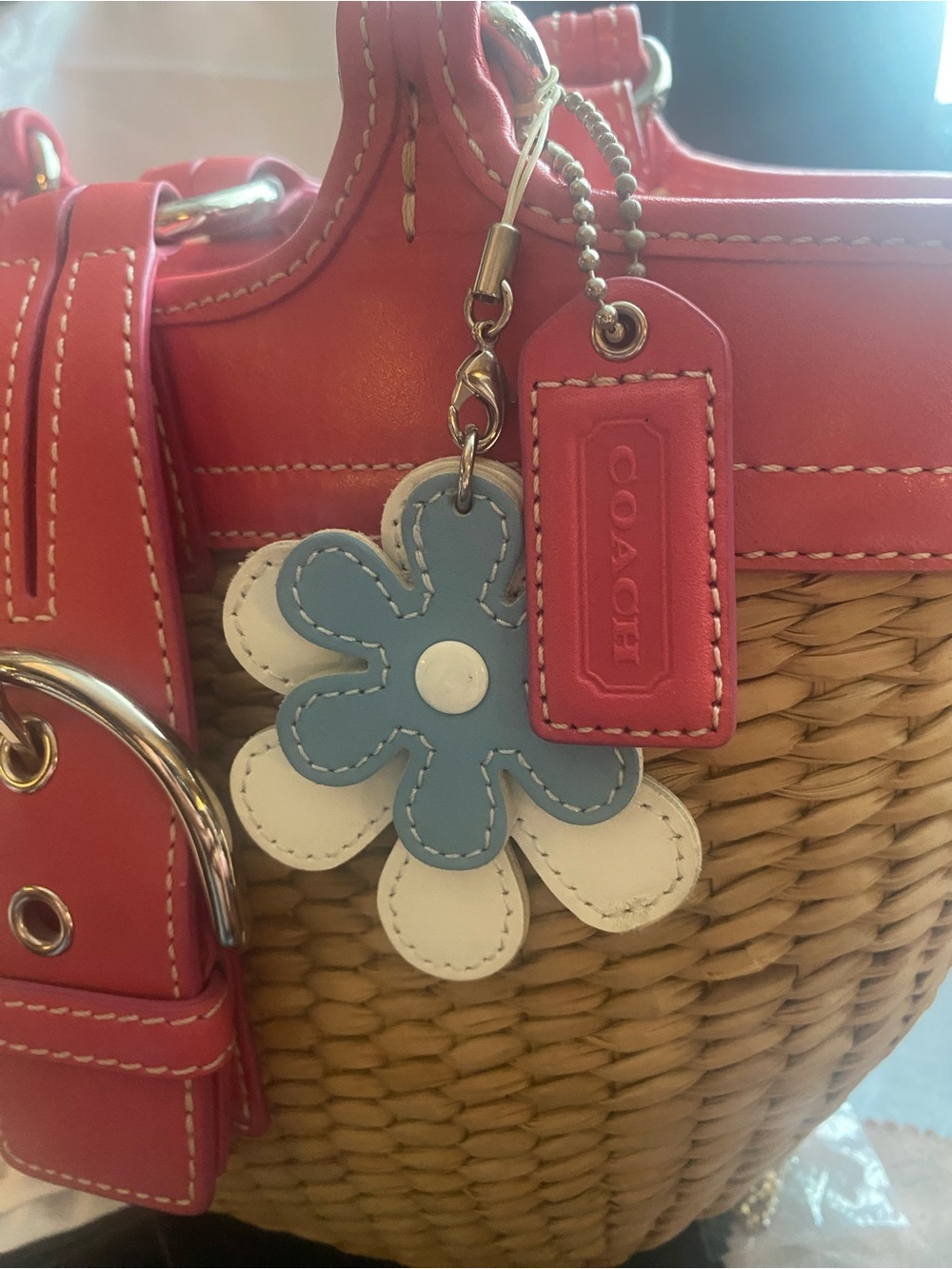 Coach Woven Straw & Pink Leather Butterfly Handbag NWOT+Charms - Picture 10 of 14